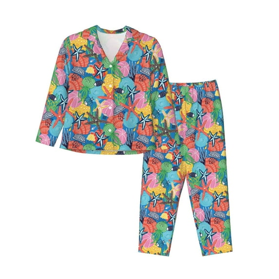 Lsque Starfish And Algae Pattern Long Sleeve Pajama Set for Women - Soft 2-Piece Sleepwear and Loungewear Set with Pockets, Comfy Nightwear-XX-Large