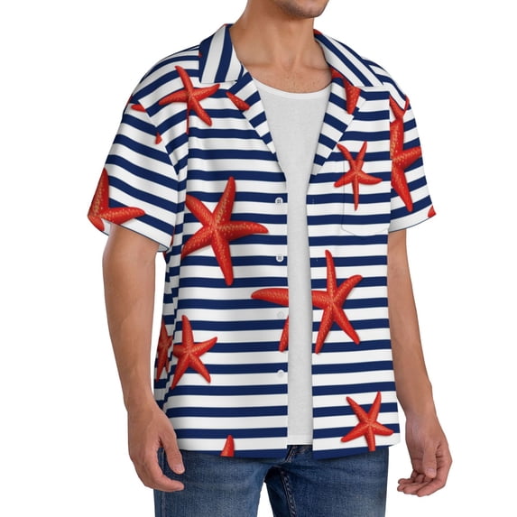 Lsque Starfish Navy Blue Stripe print Men's Cuban Collar Short Sleeve Shirt Summer Beachwear Casual Button Down Fashionable Vacation Leisure Shirt-4X-Large
