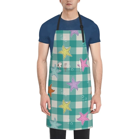 Lsque Starfish On Checkered Background Waterproof Apron Chef Aprons for Men Heavy Duty Chemical Work Apron Extra Long Grilling Aprons with Adjustable Bib Apron