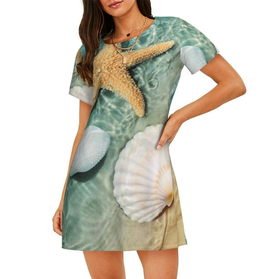 Lsque Starfish And Seashell Pattern Nightgowns for Women Sleep Shirts Short Sleeve Nightshirt Pullover Nightdress Soft Sleepwear Relaxed Fit Nightdress