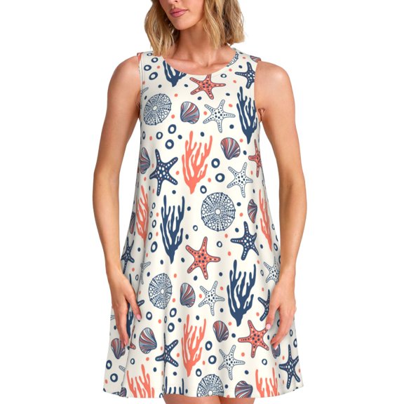 Lsque Starfish Shell Pattern Summer Dresses for Women – Sleeveless T-Shirt Swing Sundress, Perfect for the Beach and Casual Days