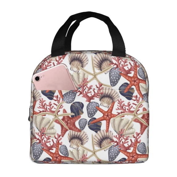 Lsque Starfish Shell Print Insulated Lunch Bag with Thick Aluminum Foil Lunch Tote Bag with Front Pocket for Men and Women, Ideal for Work, School, Picnics, and Travel