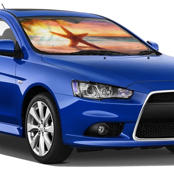 Lsque Starfish Sunset Sea Beach Car Windshield Sun Shade | Accordion Folding Style Auto Shade for Car Truck SUV Van | Blocks UV Rays Sun Visor Protector | Medium
