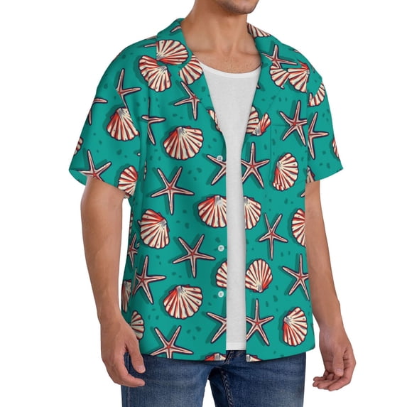 Lsque Starfish and Shell print Men's Cuban Collar Short Sleeve Shirt Summer Beachwear Casual Button Down Fashionable Vacation Leisure Shirt-X-Large