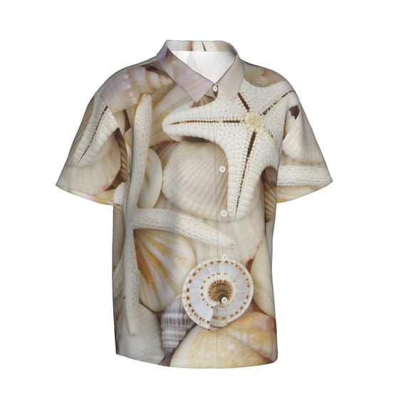 Lsque Starfishes On Seashells pattern Hawaiian Shirt for Men, Unisex Summer Beach Casual Short Sleeve Button Down Shirts-Medium