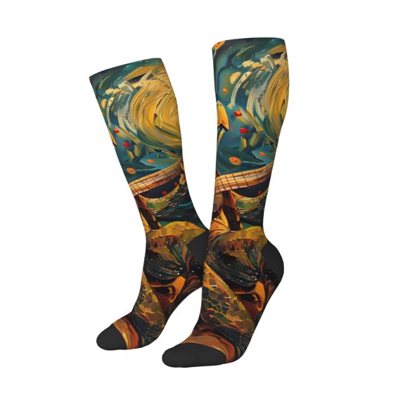 Lsque Starry Night Guitar Turtle Printed Crew Socks Men's Women's LightWeight Thin Casual Calf Socks ,Knee High Socks,Cotton Socks