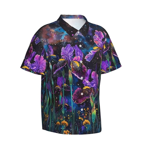 Lsque Starry Night Iris Field pattern Hawaiian Shirt for Men, Unisex Summer Beach Casual Short Sleeve Button Down Shirts-Large