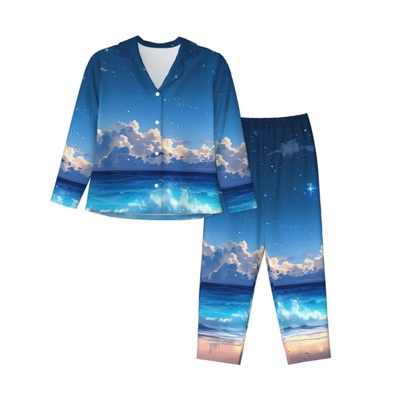 Lsque Starry Night Ocean View Pattern Long Sleeve Pajama Set for Women - Soft 2-Piece Sleepwear and Loungewear Set with Pockets, Comfy Nightwear-Small