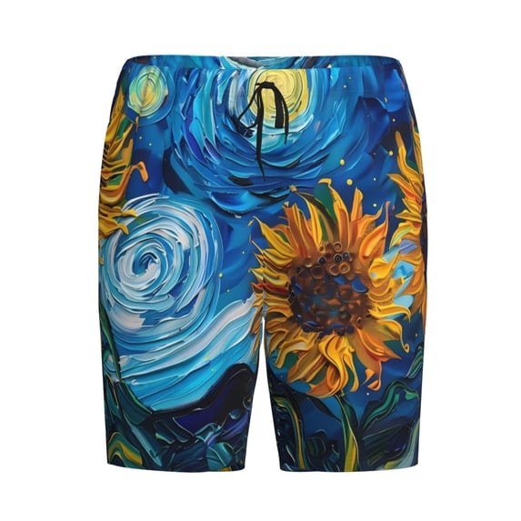 Lsque Starry Night Sunflower Field Mens Sleep Pajama Shorts,Short Pajama Pants, Cotton Ultra-Soft Knit-XX-Large