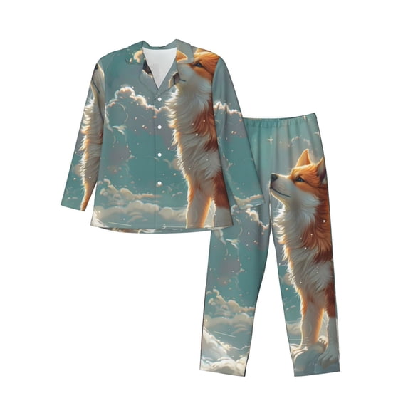 Lsque Starry Sky Cloud Fox Pattern Long Sleeve Pajama Set for Men - Soft 2-Piece Sleepwear and Loungewear Set with Pockets, Comfy Nightwear-Large