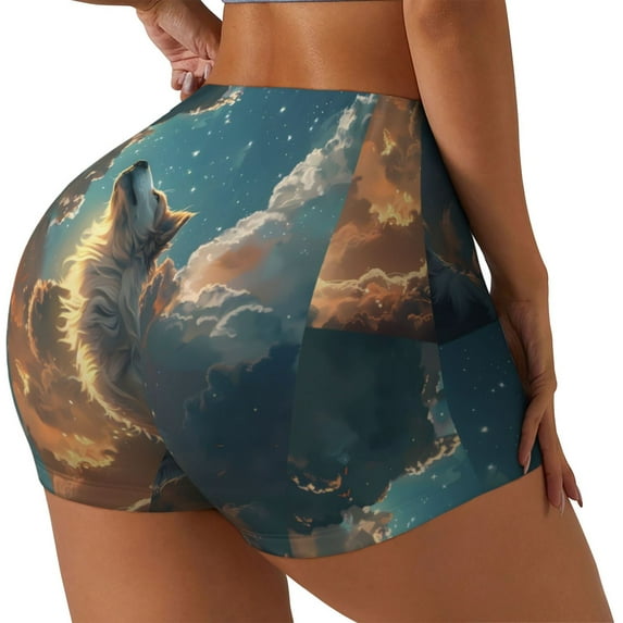 Lsque Starry Sky Cloud Wolf Pattern High Waisted Biker Shorts for Women-Tummy Control Fitness Athletic Workout Running Yoga Gym Shorts,Moisture-Wicking-X-Large