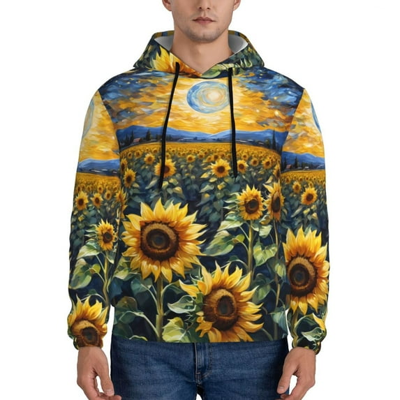 Lsque Starry Sky Moon Sunflower Pattern Casual Men's Hoodie,Hooded Sweatshirt with Kangaroo Pocket,Pullover Hoodie-Large