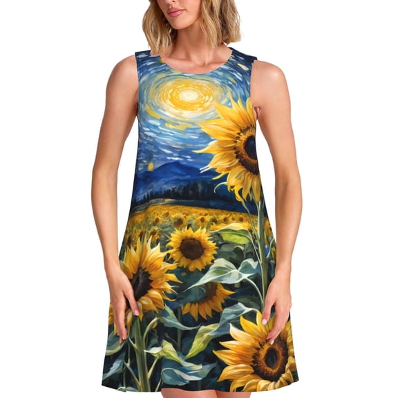 Lsque Starry Sky Sunflower Pattern Summer Dresses for Women – Sleeveless T-Shirt Swing Sundress, Perfect for the Beach and Casual Days