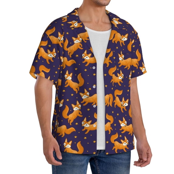 Lsque Stars and Fox Cute print Men's Cuban Collar Short Sleeve Shirt Summer Beachwear Casual Button Down Fashionable Vacation Leisure Shirt-X-Large