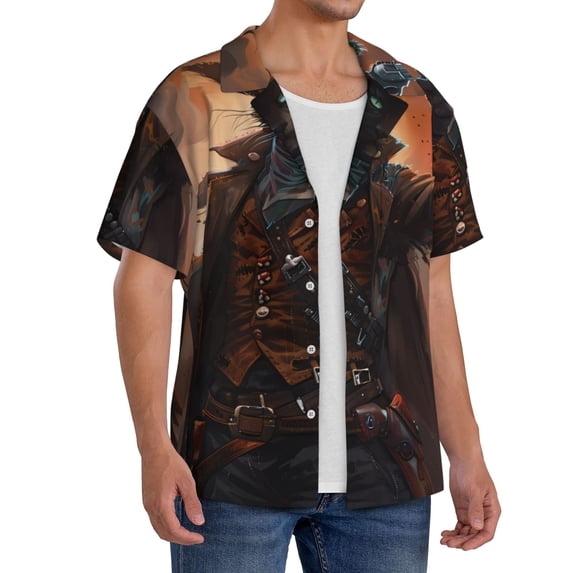 Lsque Steampunk Cowboy Cat print Men's Cuban Collar Short Sleeve Shirt Summer Beachwear Casual Button Down Fashionable Vacation Leisure Shirt-Large