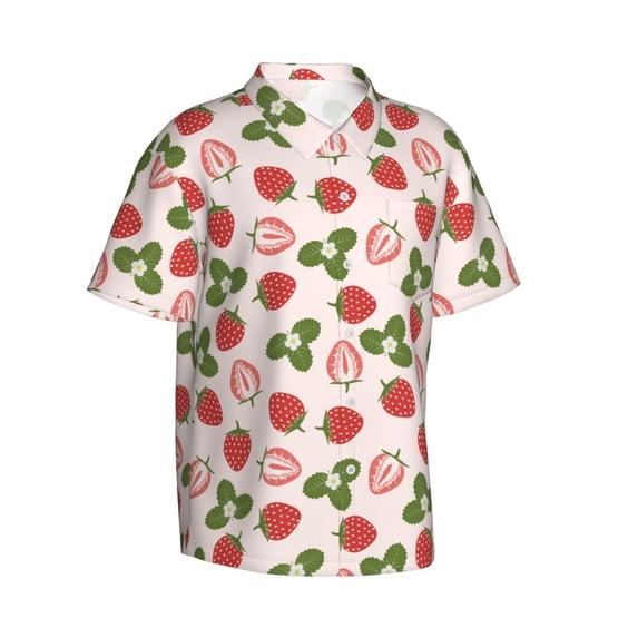 Lsque Strawberries And Leaf pattern Hawaiian Shirt for Men, Unisex Summer Beach Casual Short Sleeve Button Down Shirts-XX-Large