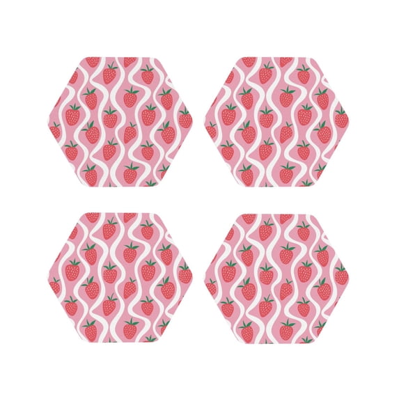 Lsque Strawberries Pattern 4" Drink Coasters Set of 4, PVC Leather Absorbent Coasters, Table Coaster Set Decorative Coffee Cup Coasters Housewarming Gift -Hexagon