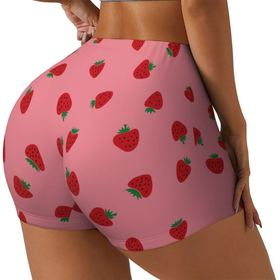 Lsque Strawberries Pattern High Waisted Biker Shorts for Women-Tummy Control Fitness Athletic Workout Running Yoga Gym Shorts,Moisture-Wicking-Large