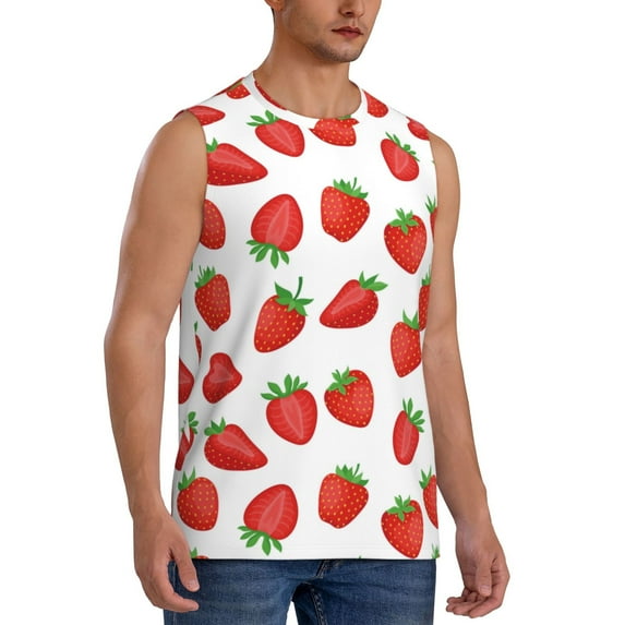 Lsque Strawberries Print Men's Cotton Blend Sleeveless Muscle Shirts (S-3XL)- Moisture Wicking, Odor Protection, UPF 30+,XX-Large