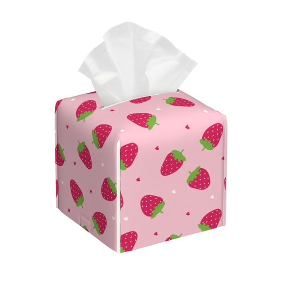 Lsque Strawberries Printed Tissue Box Cover Holder, Facial Paper Organizer Dispenser,Square with Bottom Belt, PVC Leather Decorative Organizer