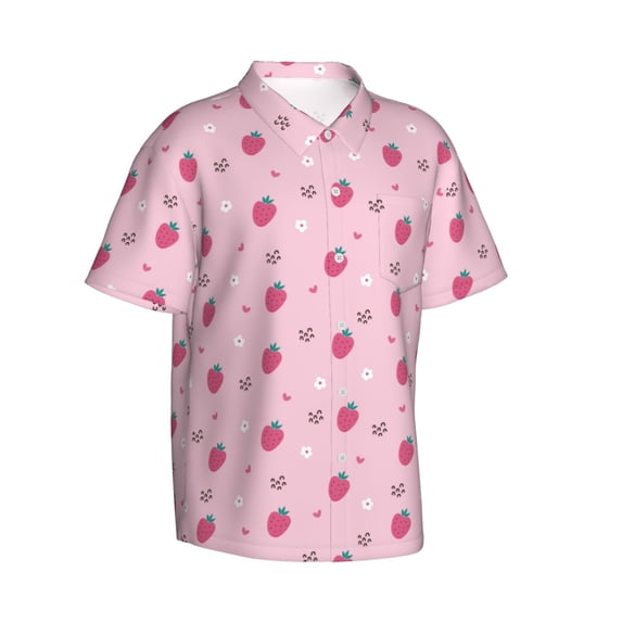Lsque Strawberries pattern Hawaiian Shirt for Men, Unisex Summer Beach Casual Short Sleeve Button Down Shirts-Medium