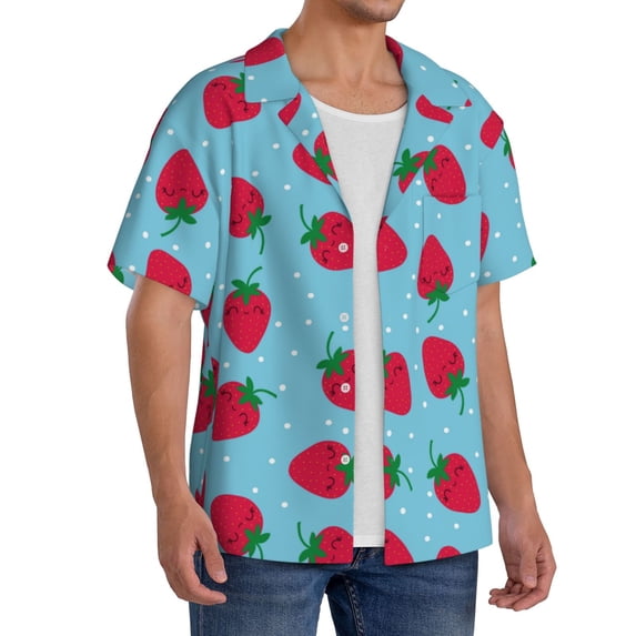Lsque Strawberries print Men's Cuban Collar Short Sleeve Shirt Summer Beachwear Casual Button Down Fashionable Vacation Leisure Shirt-3X-Large