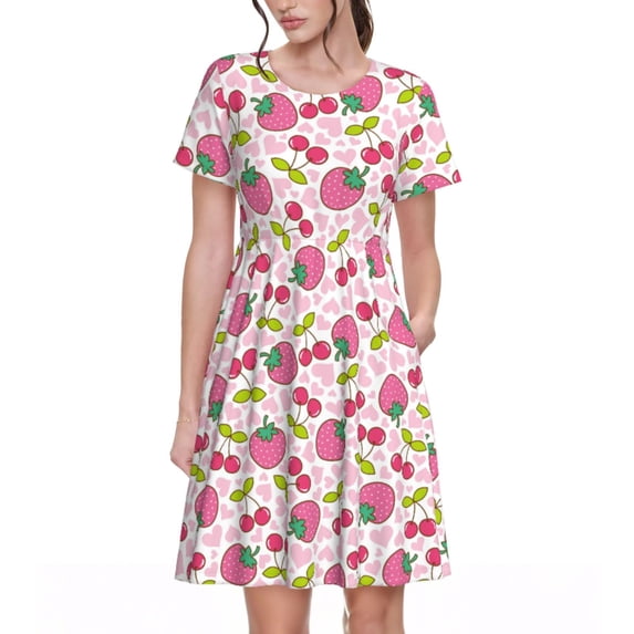 Lsque Strawberry And Cheery Print Women's Casual Dress T-Shirt Summer Short Sleeve Scoop Neck Swing Dresses