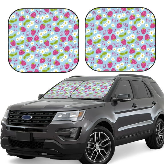 Lsque Strawberry And Flowers 2 PCS Windshield Sun Shade | CarFoldable Window Covers | Car Accessories Reflect UV for Universal Cars SUV Truck | Small