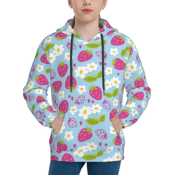 Lsque Strawberry And Flowers Patten Youth Hoodie Sweatshirt Pullover with Kangaroo Pocket Boys and Girls Hoodie Warm Hoodie for Kids-Medium