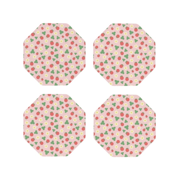 Lsque Strawberry And Flowers Pattern 4" Drink Coasters Set of 4, PVC Leather Absorbent Coasters, Table Coaster Set Decorative Coffee Cup Coasters Housewarming Gift -Octagon