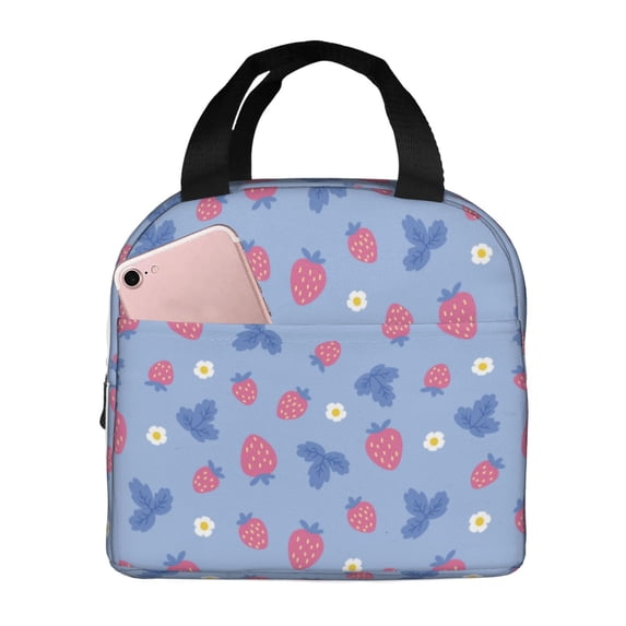 Lsque Strawberry And Flowers Pattern Lunch Bag Women/Men Insulated Lunch Box,Small Leakproof Cooler Food Lunch Containers Reusable High Capacity Lunch Tote Bags