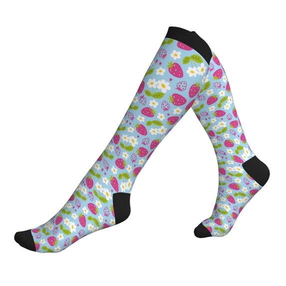 Lsque Strawberry And Flowers Pattern Sport Compression Socks for Men & Women 15-20 mmHg Knee High Nurse Pregnant Running Medical and Travel Athletic