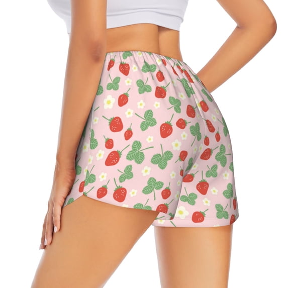 Lsque Strawberry And Flowers Printed Women's Running Shorts with Liner Pockets,Elastic Quick Dry Workout Athletic Gym Yoga Shorts,Womens High Waist Shorts-Large