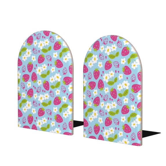 Lsque Strawberry And Flowers Printed Wood Bookends,Non-Skid Bookend for Shelves,Heavy Duty Support Bookends,Non-Slip Foam Pads for Office, Home, and Library,1 Pair
