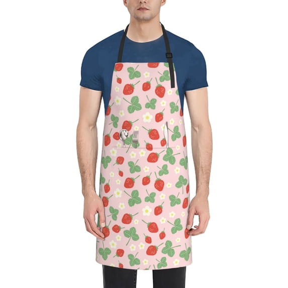 Lsque Strawberry And Flowers Waterproof Apron Chef Aprons for Men Heavy Duty Chemical Work Apron Extra Long Grilling Aprons with Adjustable Bib Apron