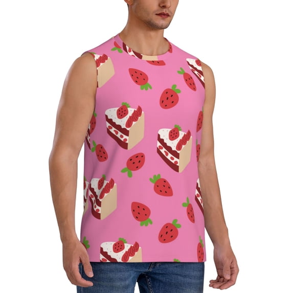 Lsque Strawberry Cake Print Men's Cotton Blend Sleeveless Muscle Shirts (S-3XL)- Moisture Wicking, Odor Protection, UPF 30+,3X-Large