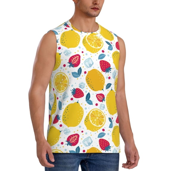 Lsque Strawberry Lemon Print Men's Cotton Blend Sleeveless Muscle Shirts (S-3XL)- Moisture Wicking, Odor Protection, UPF 30+,XX-Large