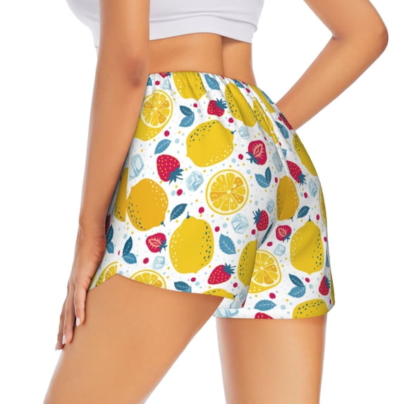 Lsque Strawberry Lemon Printed Women's Running Shorts with Liner Pockets,Elastic Quick Dry Workout Athletic Gym Yoga Shorts,Womens High Waist Shorts-Small