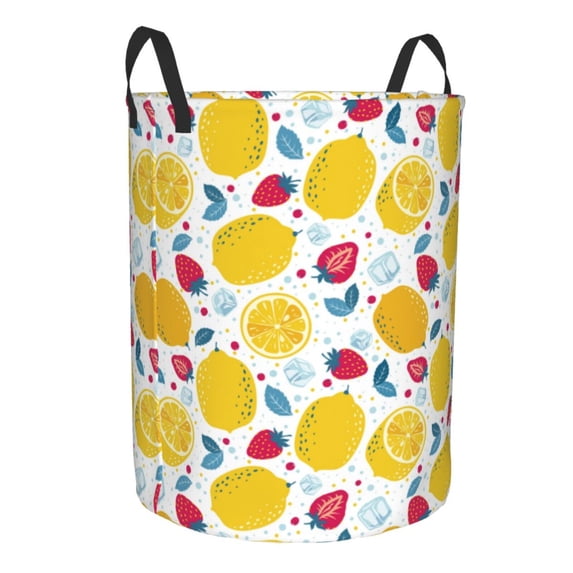 Lsque Strawberry Lemon pattern Laundry Hamper Basket, Tall Woven Rope Hamper Basket for Clothes, Lightweight Storage Basket, Collapsible Waterproof-Small