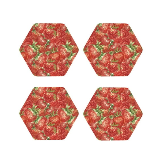 Lsque Strawberry Pattern 4" Drink Coasters Set of 4, PVC Leather Absorbent Coasters, Table Coaster Set Decorative Coffee Cup Coasters Housewarming Gift -Hexagon