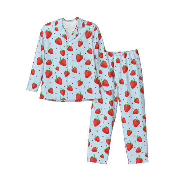 Lsque Strawberry Pattern Long Sleeve Pajama Set for Men - Soft 2-Piece Sleepwear and Loungewear Set with Pockets, Comfy Nightwear-Large
