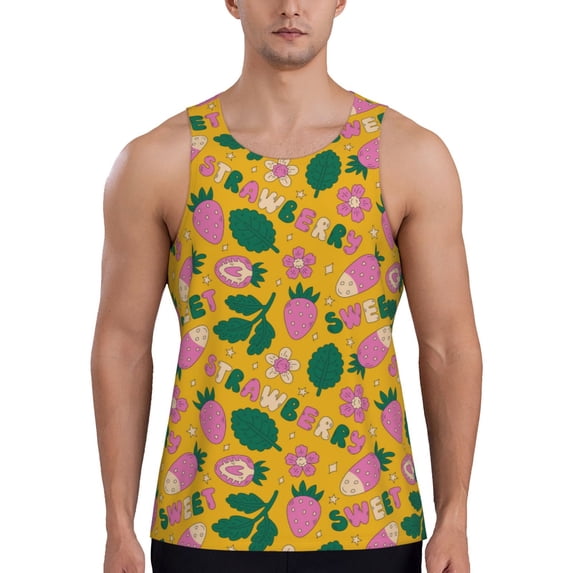 Lsque Strawberry Pattern Mens Tank Tops Muscle Athletic Quick Dry Sleeveless Workout Fitness T Shirts Beach Tank Top, Loose-fit Sleeveless Shirt for Men-X-Large