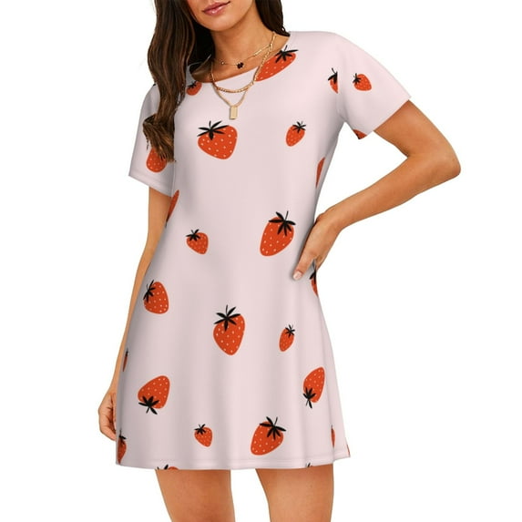 Lsque Strawberry Pattern Nightgowns for Women Sleep Shirts Short Sleeve Nightshirt Pullover Nightdress Soft Sleepwear Relaxed Fit Nightdress