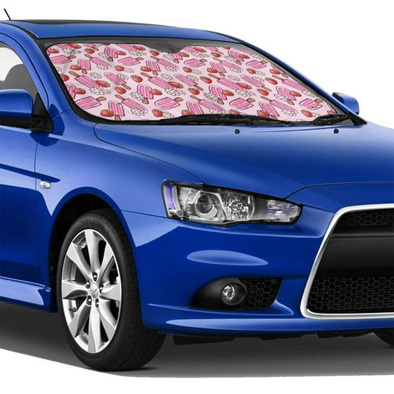 Lsque Strawberry Popsicle Car Windshield Sun Shade | Accordion Folding Style Auto Shade for Car Truck SUV Van | Blocks UV Rays Sun Visor Protector | Medium