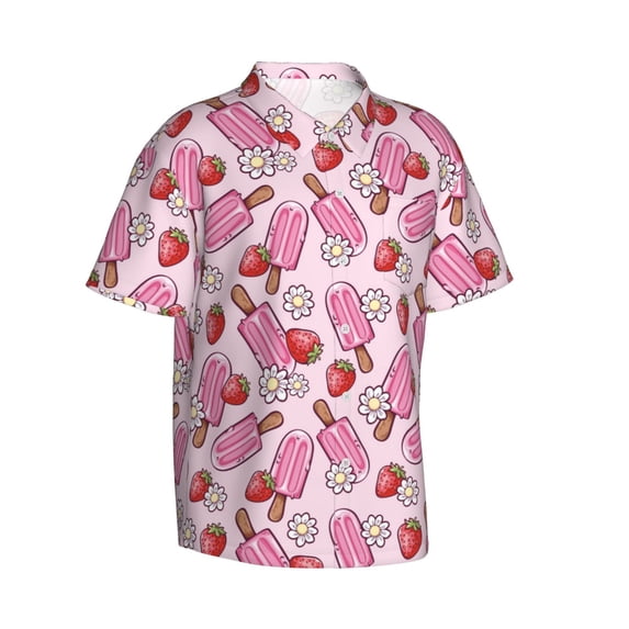 Lsque Strawberry Popsicle pattern Hawaiian Shirt for Men, Unisex Summer Beach Casual Short Sleeve Button Down Shirts-Small