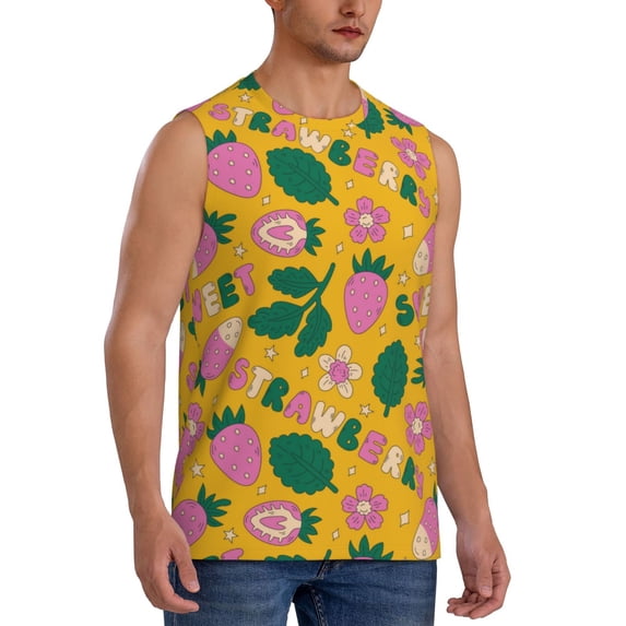 Lsque Strawberry Print Men's Cotton Blend Sleeveless Muscle Shirts (S-3XL)- Moisture Wicking, Odor Protection, UPF 30+,X-Large