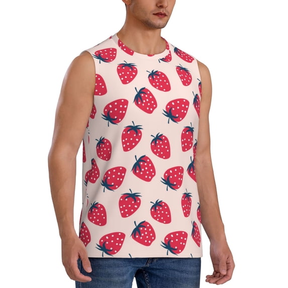 Lsque Strawberry Print Men's Cotton Blend Sleeveless Muscle Shirts (S-3XL)- Moisture Wicking, Odor Protection, UPF 30+,XX-Large