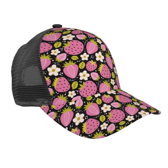 Lsque Strawberry Printed Trucker Hat - Baseball Cap for Men Women - Breathable Mesh Side, Adjustable Fit - for Casual Wear