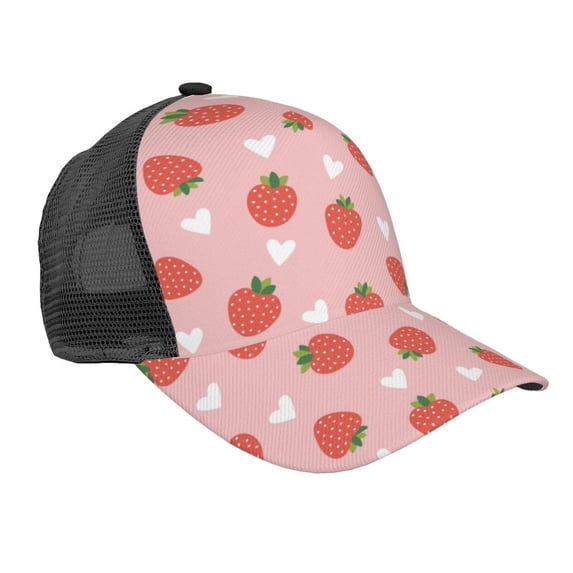 Lsque Strawberry Printed Trucker Hat - Baseball Cap for Men Women - Breathable Mesh Side, Adjustable Fit - for Casual Wear