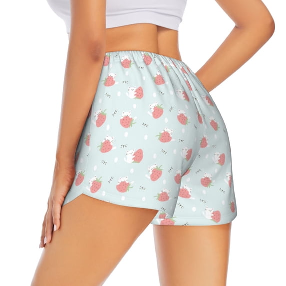 Lsque Strawberry Printed Women's Running Shorts with Liner Pockets,Elastic Quick Dry Workout Athletic Gym Yoga Shorts,Womens High Waist Shorts-Large